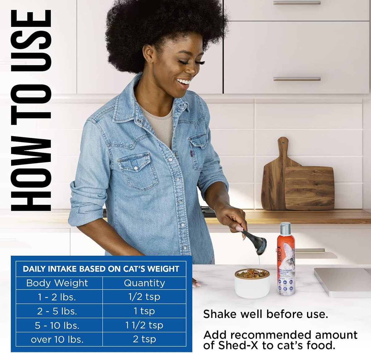 Shed-X cat supplement daily intake chart by weight